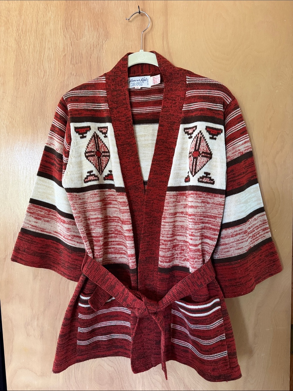 Bohemian Aztec Knit Belted Cardigan Sweater - Red